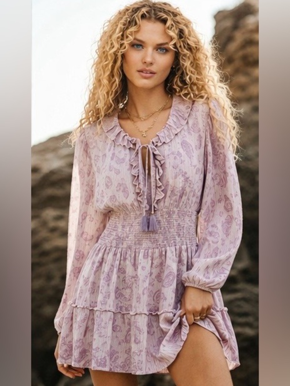 House of Harlow 1960 | Lavender Paisley Boho Mini Dress | Romantic Feminine Chic